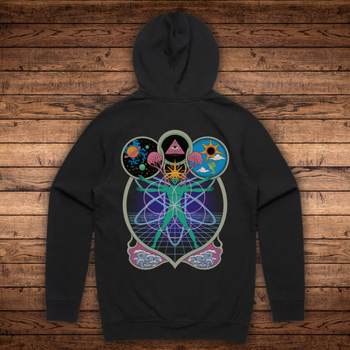 Paradoxical Perspective mystical midweight hoodie in Black, bone, and Pink, featuring a psychedelic design, kangaroo pocket, and raglan sleeves.